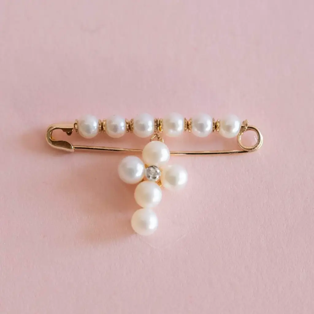 Gold Pearl Cross Baby With Diamond