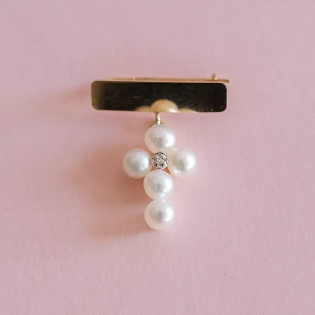 Gold Plate Baby Pin With Pearl Cross Pin