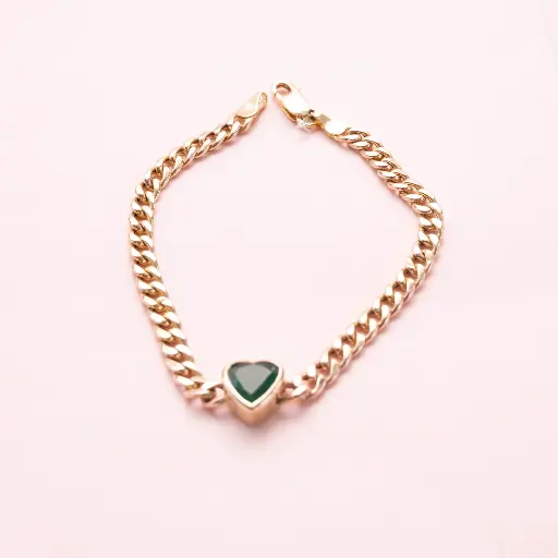 [3892] Pulsera Heart Emerald Cuban Gold